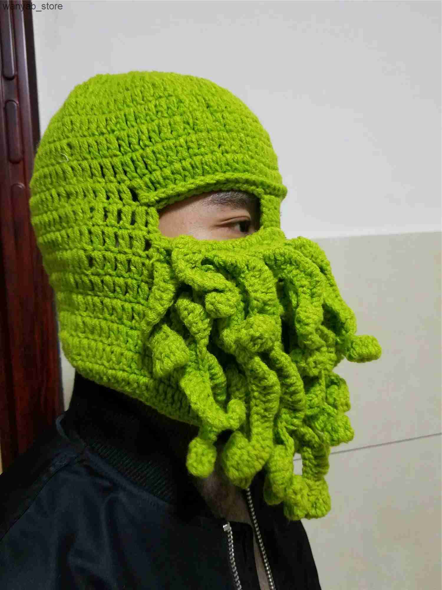 Wide Brim Hats Bucket Hats Novelty Handmade Funny Tentacle Octopus Hat Crochet Cthulhu Beard Beanie Mens Womens Knit Wind Mask Cap Halloween Animal Gi
