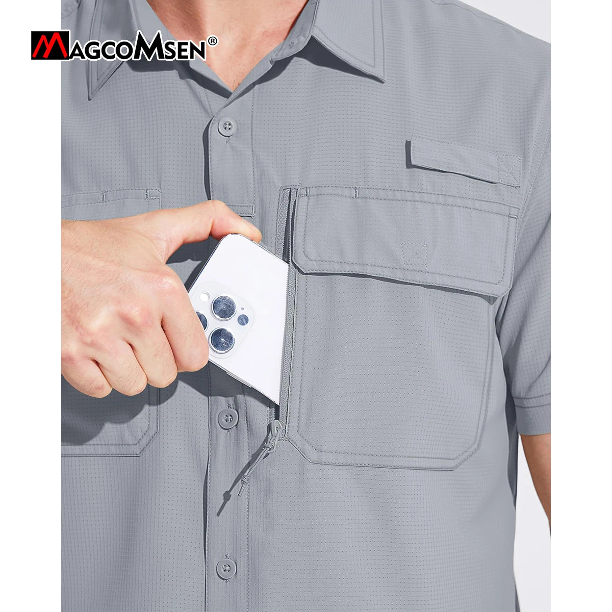 MAGCOMSEN Mesh Breathable Shirt Mens Quick Drying Button Short Sleeve UPF 50Sunscreen Hiking Fishing Work Goods Shirt 241030