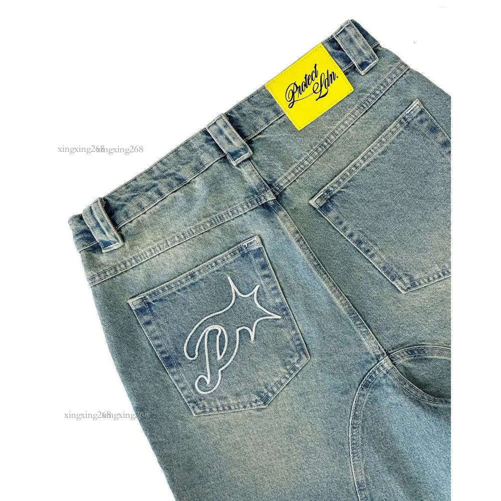 Men's Pants Shorts Harajuku Hip Hop Letters Embroidery Vintage Blue Baggy Jeans Denim Gym High Waist Mens Basketball Jorts