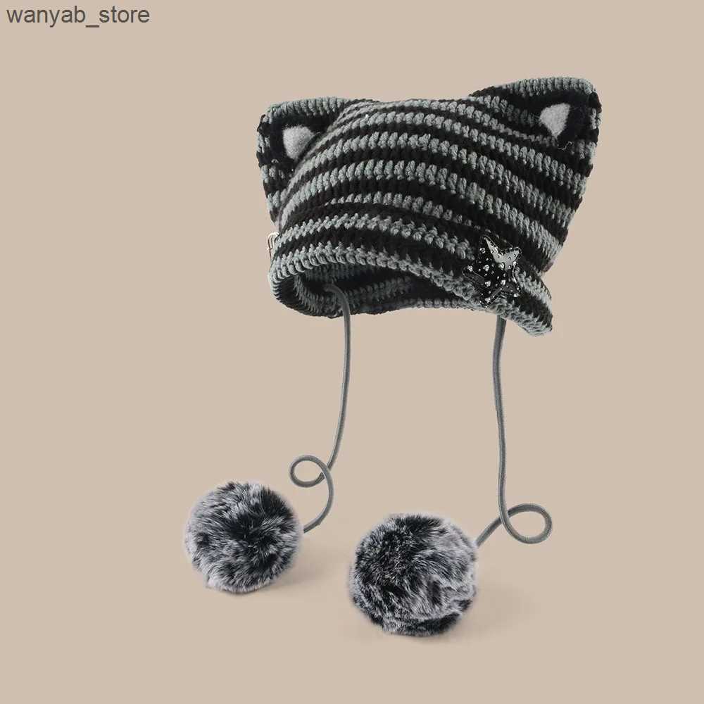 Wide Brim Bucket Handmade Y2k Japanese Cat Ear Beanies Rabbit Hair Pom-pom Striped Sweetheart Girl Knit Cap Autumn and Winter Warm Womens Hats L240910