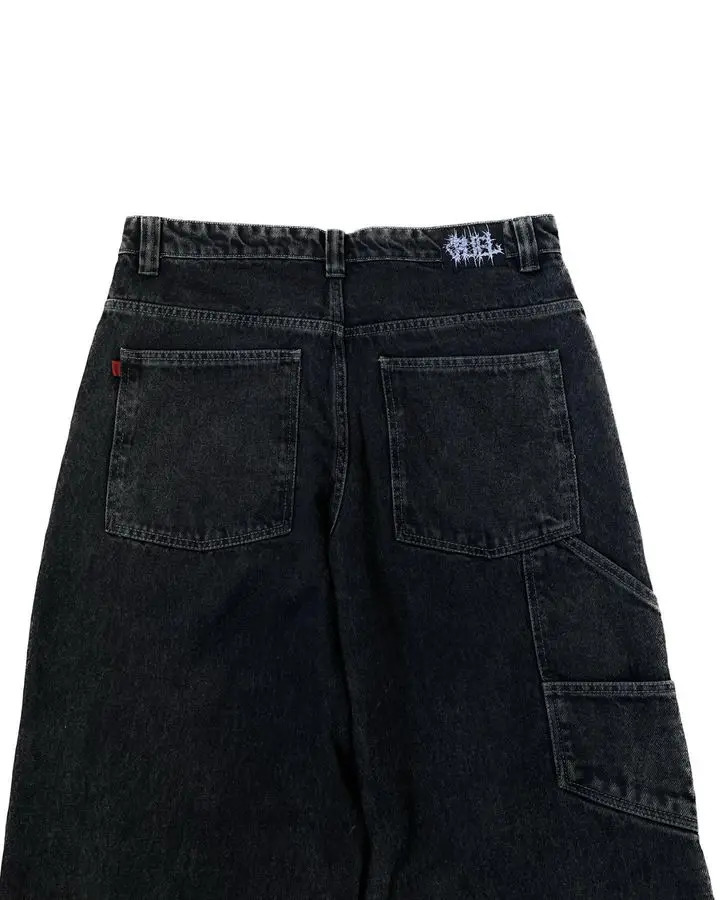Streetwear skull pocket embroidered jeans Y2K hip-hop retro pocket jeans black pants mens punk rock low rise wide leg Trousers 241031
