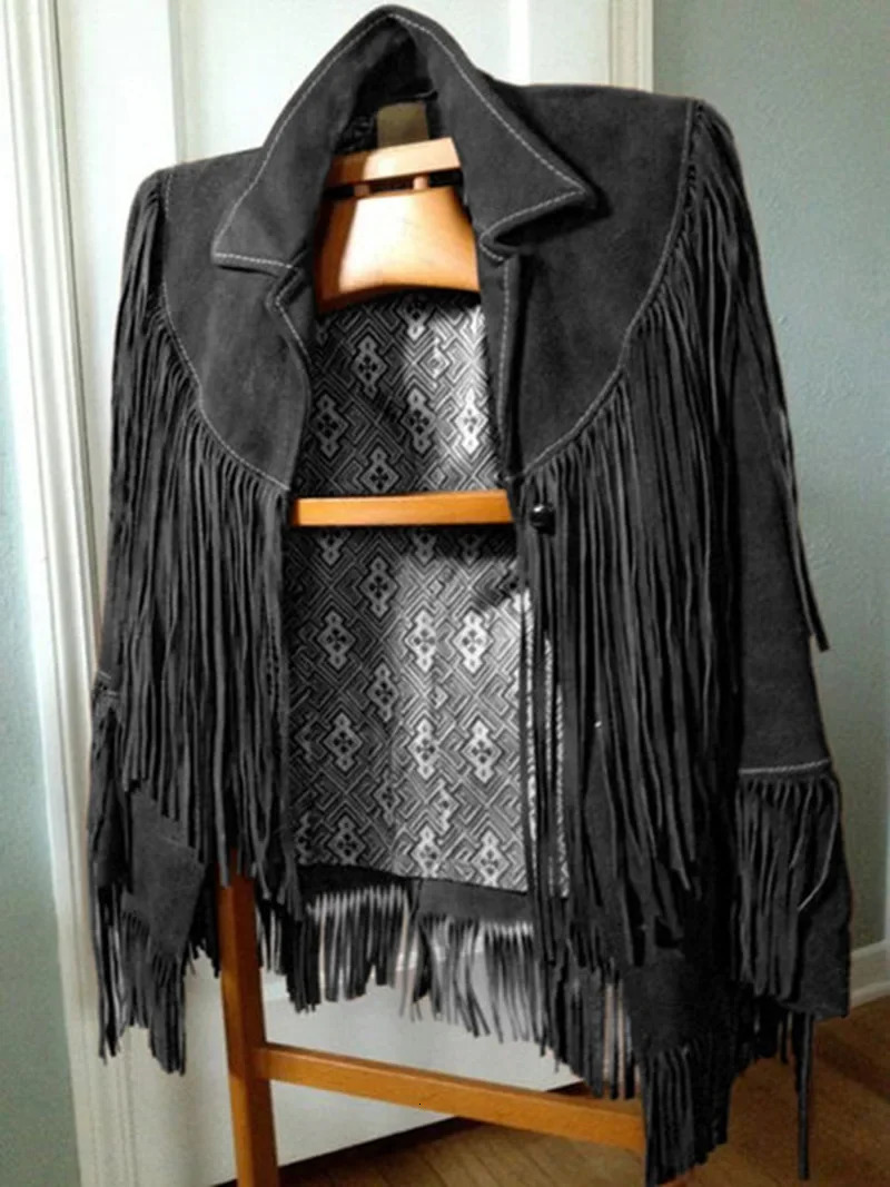 Casual brown collar pocket suede jacket fashionable womens single button long sleeved tassel coat womens autumn street jacket 241031