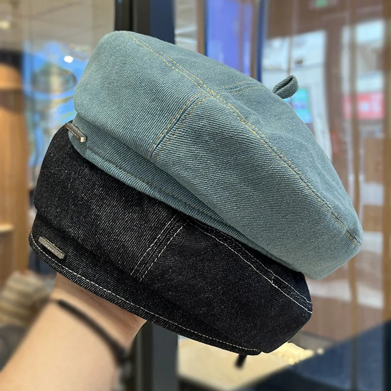 Cowboy Beret Hat Female Spring Autumn Temperament Face Small Big Head Metal Lettering Label Artist Male Outdoor Warm Sports M526 241031