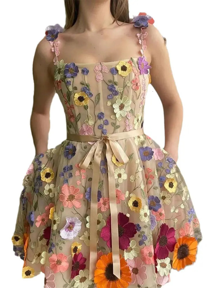 3D Flower Tulle Square Neck Mini Sling Dress Female Backless A-line Gown Short Vestidos Women Chic Evening Cocktail Party Robes 240321