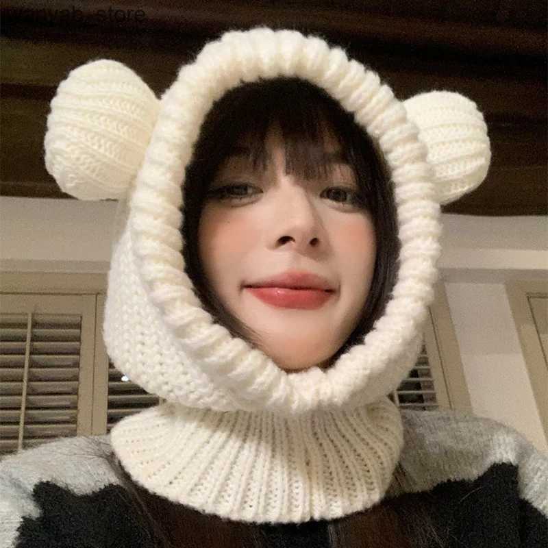 Wide Brim Hats Bucket Hats Cartoon Bear Women Hooded Beanies Winter Warm Ear Protection Scarf Cap Korean Solid Wool Knitted Hat Outdoor Windproof Head