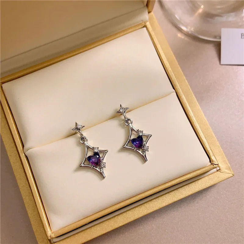 Korean Fashion Purple Star Crystal Zircon Dangle Earrings for Women Elegant Temperament Wedding Party Anniversary Gift Jewelry 241031