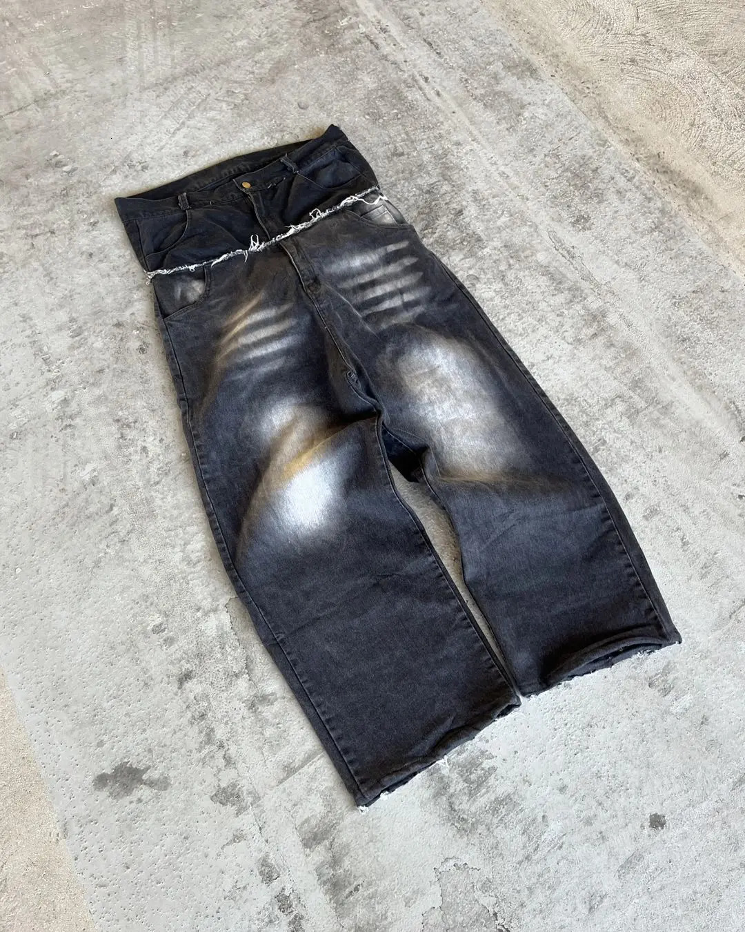 Goth Hip Hop Washed Tie Dye Baggy Jeans Retro Y2k Streetwear Layering West Black Jeans for Men Low Rise Denim Pants 241031