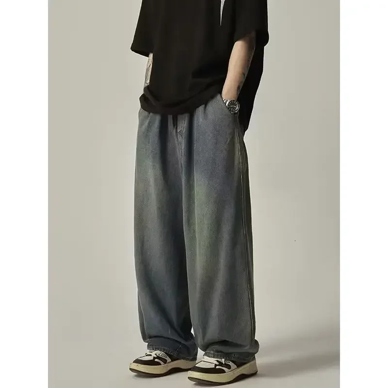 Elastic Waist Oversize Jeans Mens Womens Loose Fit Streetwear Draped Wide Leg Trousers Japanese Style 241031