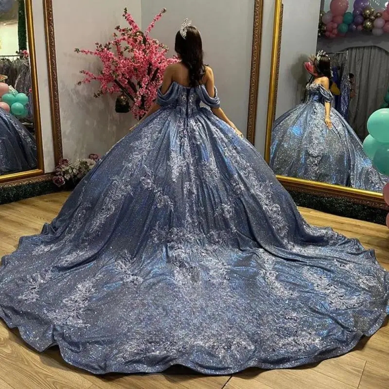 Blue Shiny Princess Quinceanera Dresses Ball Gown Off The Shoulder Sequin Applique Lace Beads Tull Corset Sweet 16 Vestidos 15 De XV Anos