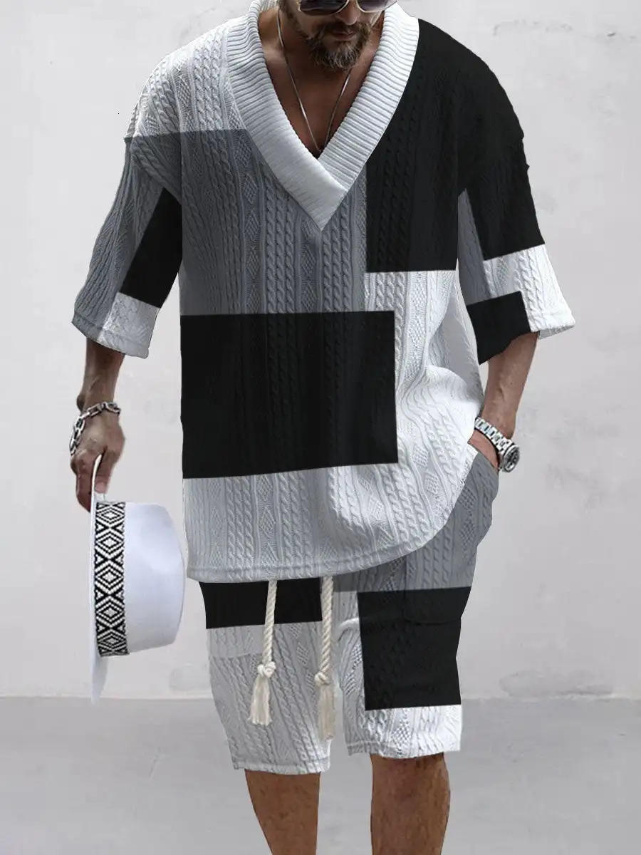 2024 Summer Mens Set Casual Fashion 3D Plaid Clothing Loose Plus Size Vneck Tshirt Shorts 2piece 241031