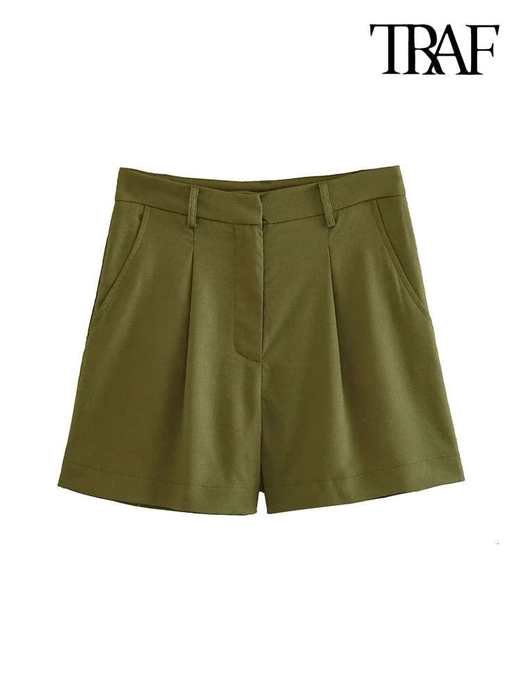 TRAF Women Fashion With Pockets Front Pleats Linen Blend Shorts Vintage High Waist Zipper Fly Female Short Pants Mujer 240325