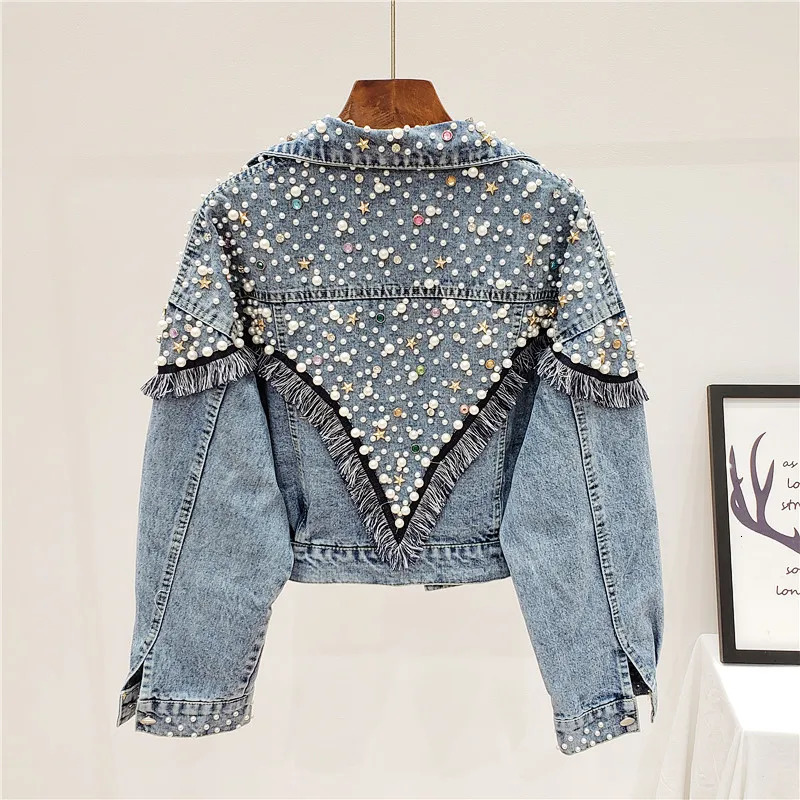 Autumn Fashion Heavy Work Beading Wash Denim Jacket Women Loose Short Denim Coats Studded Black Blue Jeans Jacket Streetwear 241031
