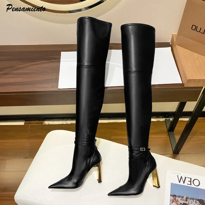 Fashion Autumn Winter Soft Leather Stretch Women Thigh high Boots Elegant Pointed toe High heels Over the knee Boots Party Shoes 241031