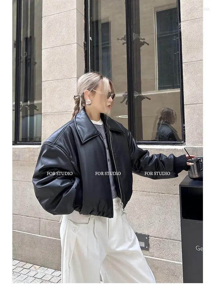 Women's Jackets Pu Leather Puffer Cotton Padded Warm Black Slim Crop Top Short Jacket Autumn Winter Thickened Cropped Motorcycle Coat Y2k