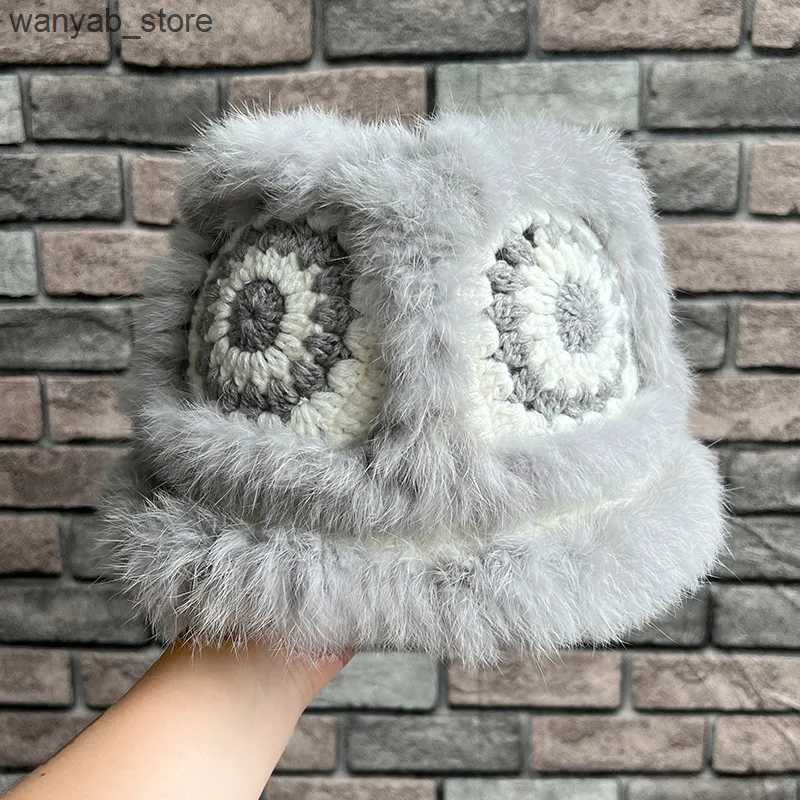 Wide Brim Hats Bucket Hats Stylish Crochet Bucket Hat Women Winter Rabbit Fur Warm Cute Plush Cap Big Head Casual Knitted Fishermans Caps Fashion Pana