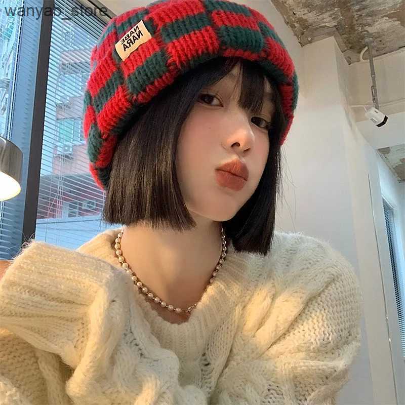 Wide Brim Hats Bucket Hats Chessboard Plaid Knit Beanies for Women Winter Korean Ins Niche Big Head Circumference Pullover Hat Japanese Retro Mens Cap
