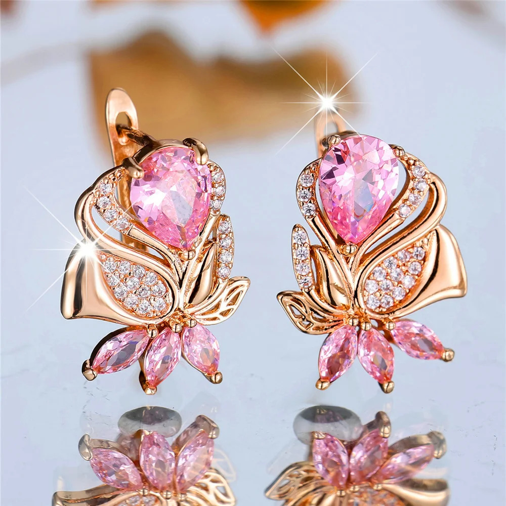 Female Pink Zircon Stone Hoop Earrings Fashion Gold Color Wedding Jewelry For Women 241031