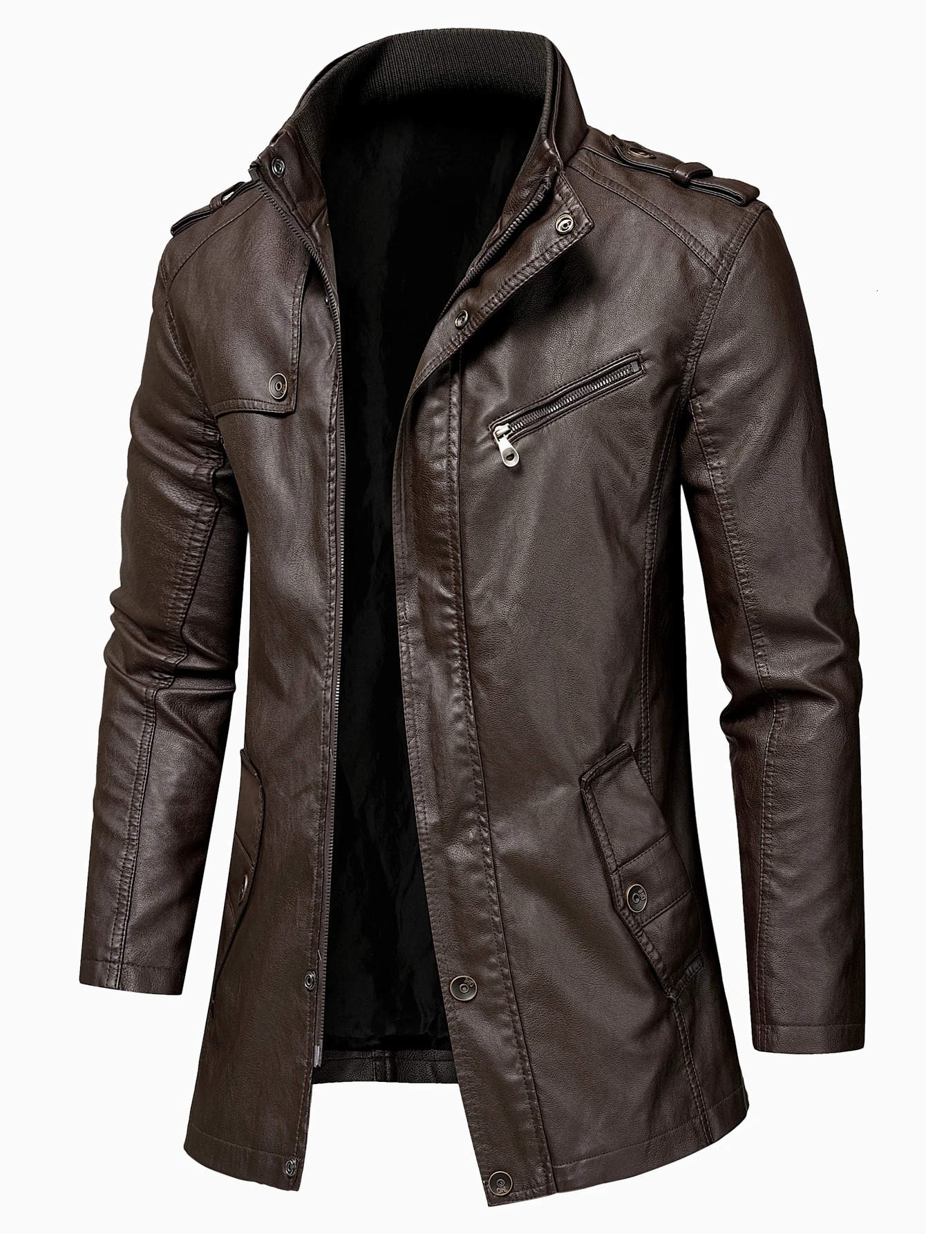 Oumor Men Autumn Fashion Long Warm Pocket Leather Jacket Coat Winter Casual England Style Vintage Parkas 241031