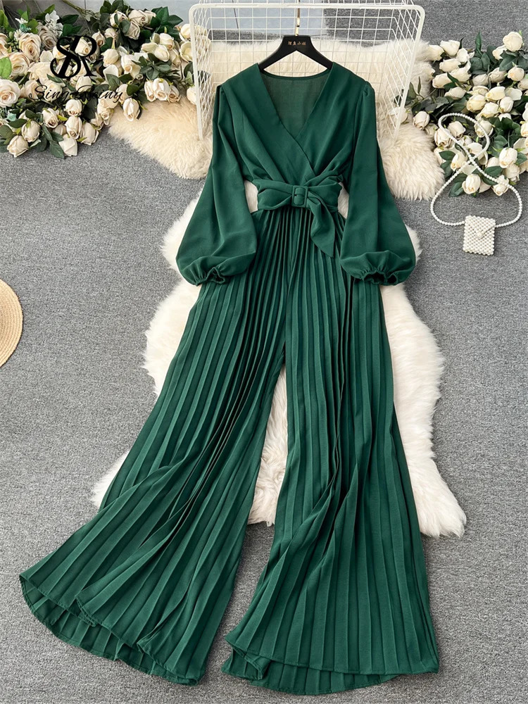 SINGREINY V Neck Jumpsuits for Women Long Puff Sleeve Belt Loose Wide Legs Pleated Pants Streetwear Fashion OL Bodysuits 241031