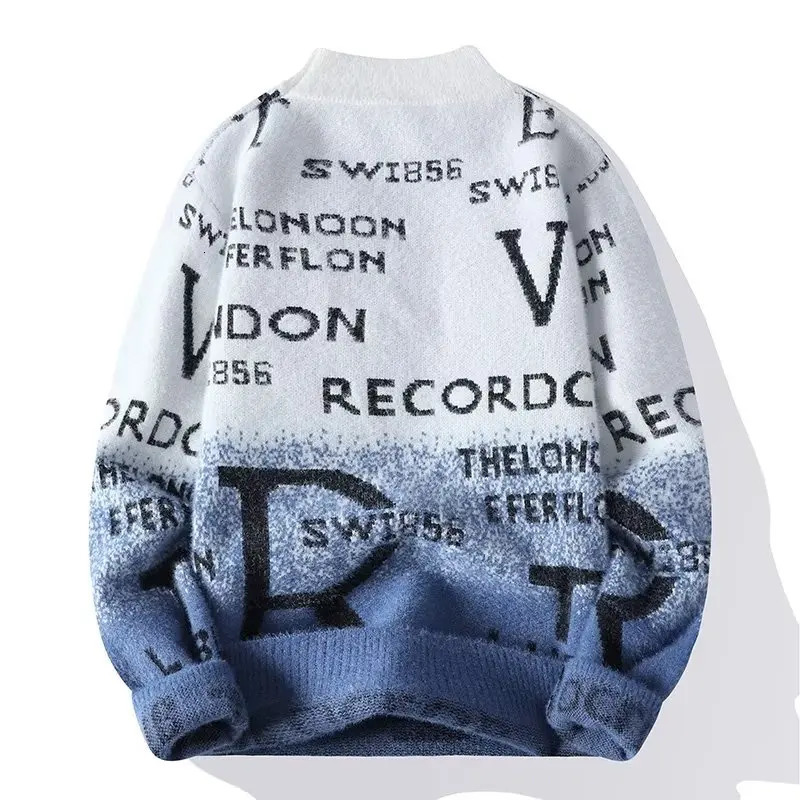 Winter Mens Plush Sweater Japan Warm O Neck Blue High Quality Letter Knitted Top Fashionable Clothing Para Homens 241031