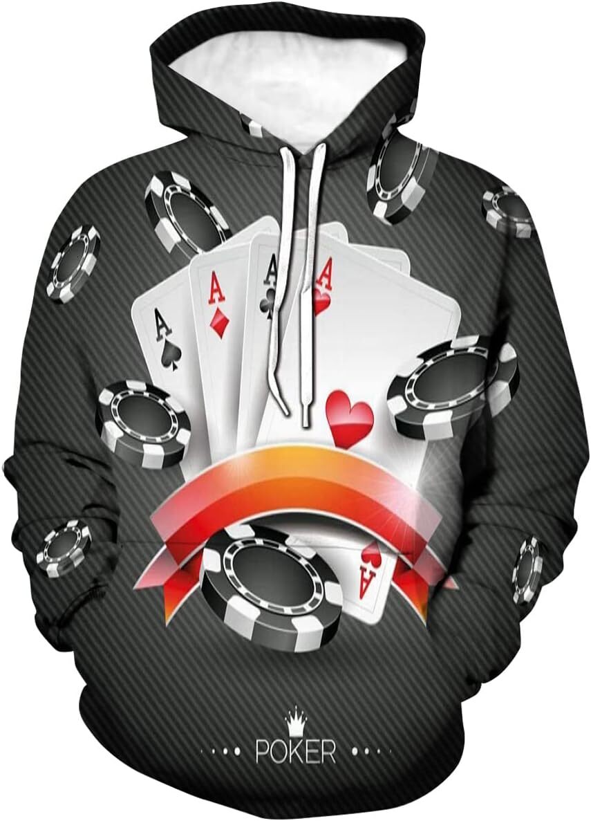 Hoodie for Mens Womens Mens 3D Novelty Hoodies, Display of The Spread Chips Poker Cards Lifestyle Creative fashion Graphic Hoodies sweatshirt Pullover