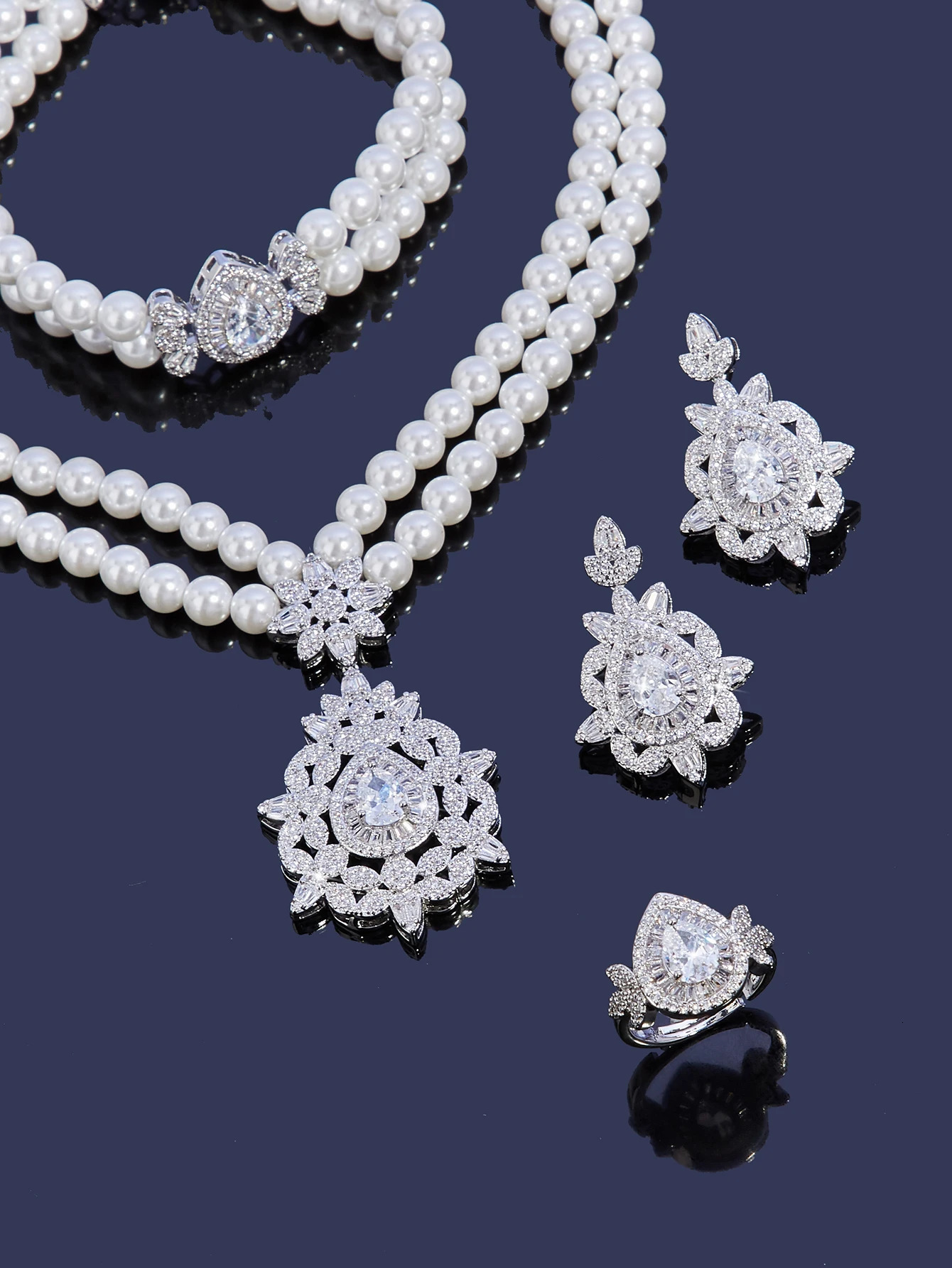 Gorgeous double-layer pearl necklace suitable for womens cubic zirconia 4-piece jewelry set accessories for womens wedding brides necklaces 241031