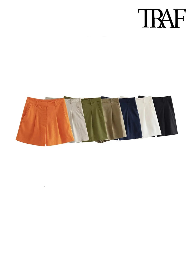 TRAF Women Fashion With Pockets Front Pleats Linen Blend Shorts Vintage High Waist Zipper Fly Female Short Pants Mujer 240325