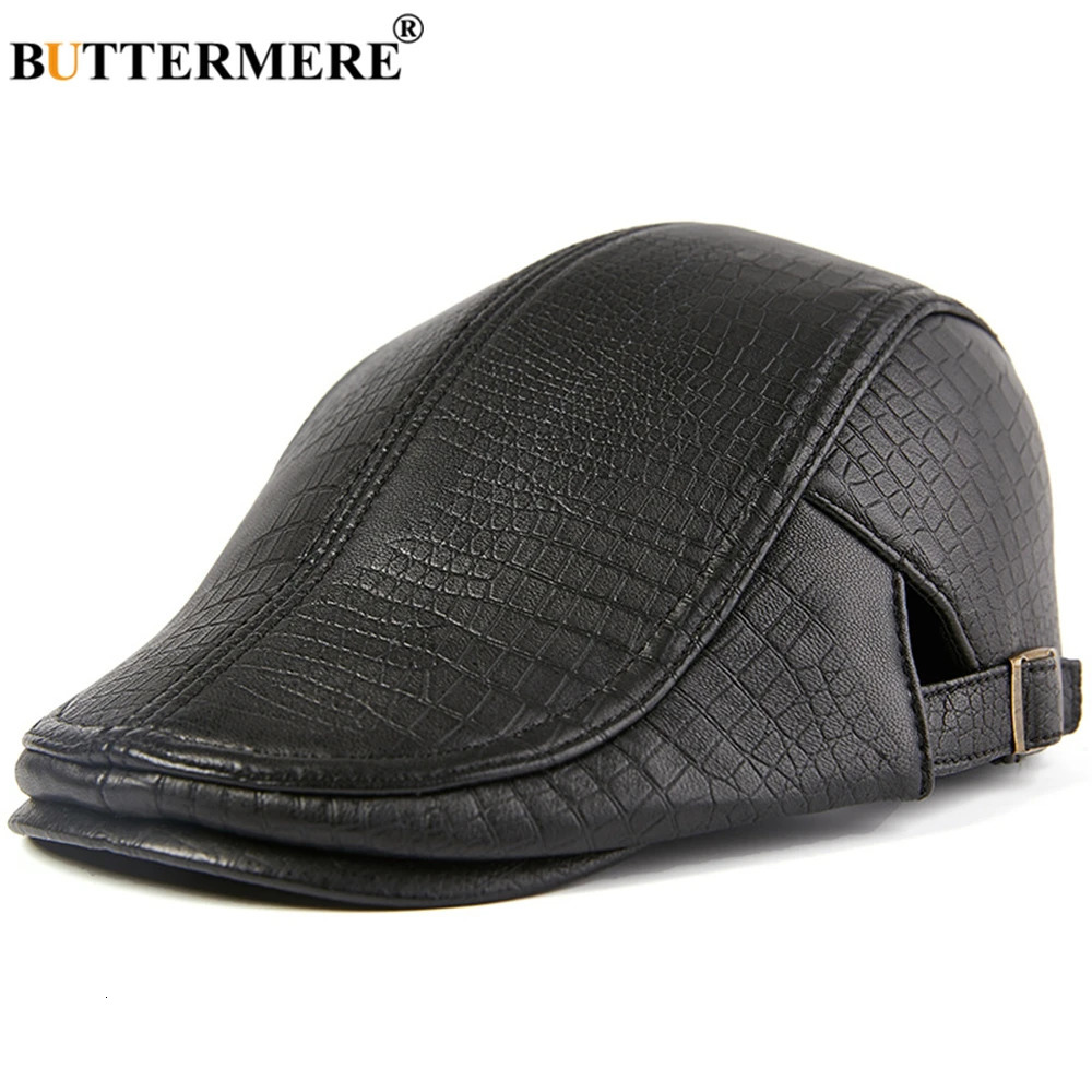 BUTTERMERE Men Beret Hat Real Leather Flat Cap Sheepskin Autumn Winter Male Brown Adjustable High Quality Mens Caps 241031
