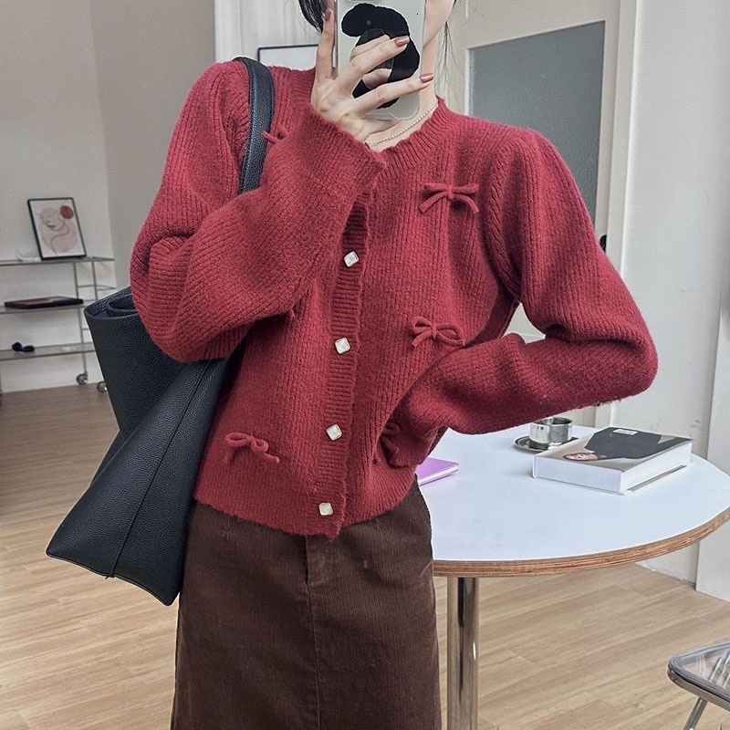 Autumn And Winter New Korean Girls Bow Sweet Cardigan Fashionable Age Reducing Gentle Wind Round Neck Knitted Top For Women F1101#43