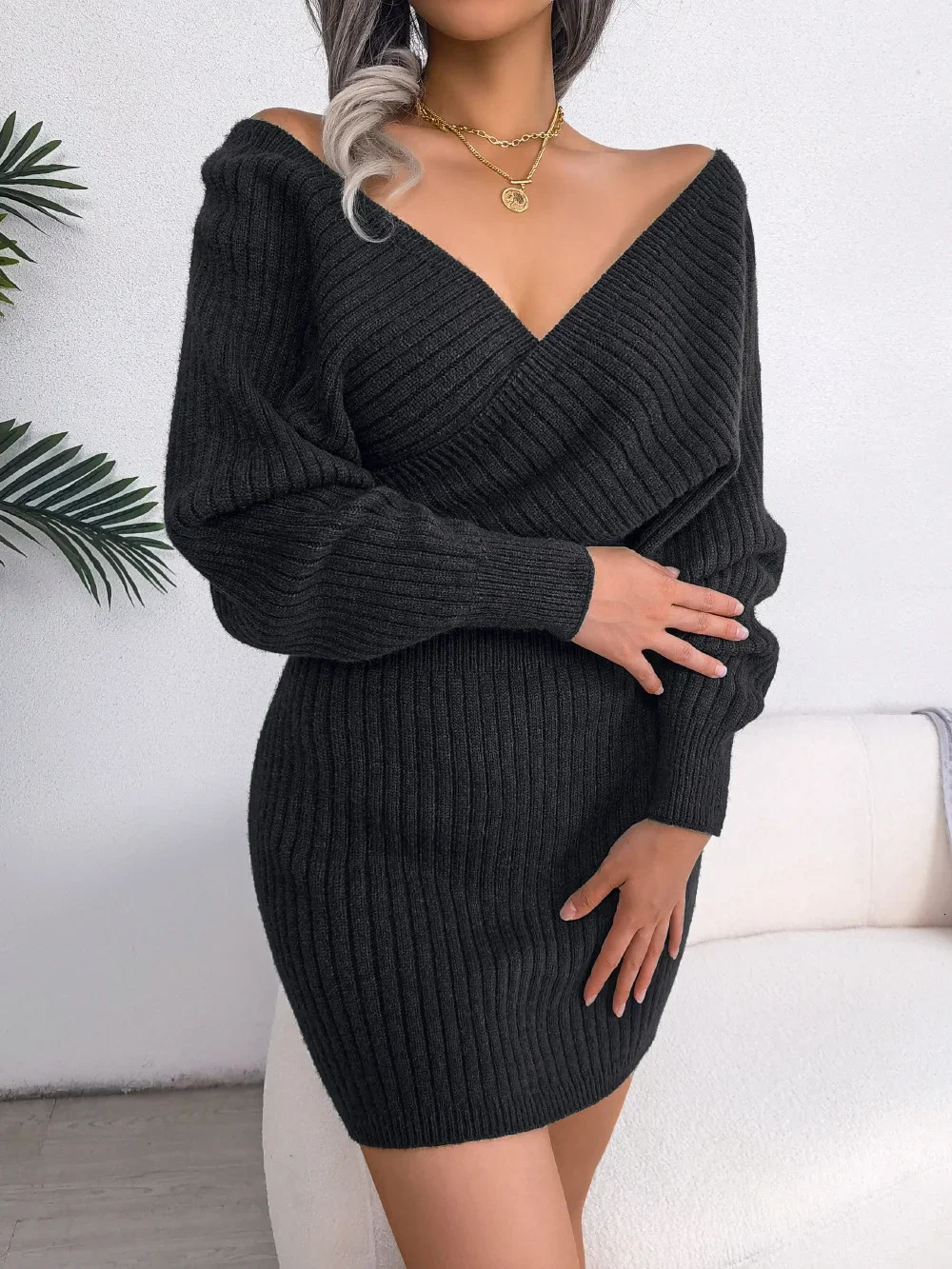 2024 Spring Bodycon Sweater Dresses For Women Autumn Casual Long Sleeve Knitted Clothes White Green Blue Black Purple Dress 241031