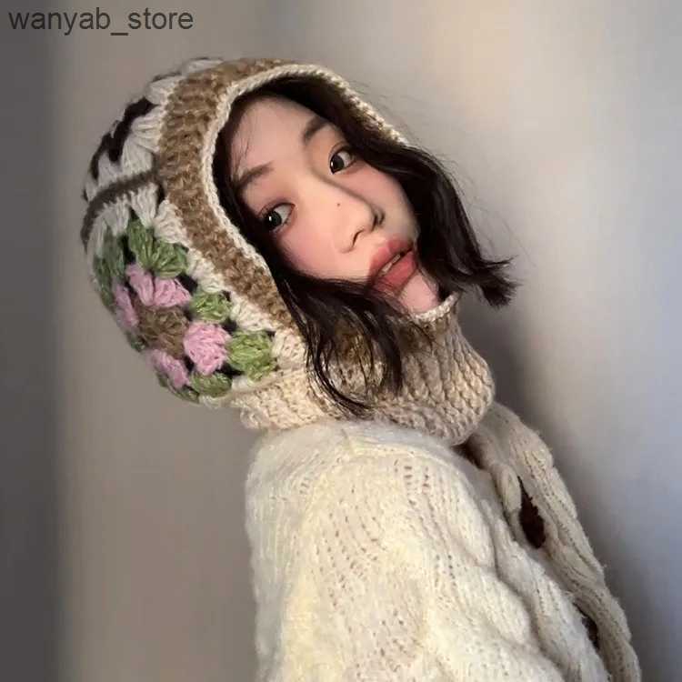 Wide Brim Hats Bucket Hats Handmade Crochet Balaclava Hats for Women Autumn and Winter Wool Knitted Pullover Beanies Cap Neck Warmer Female Hooded Cap