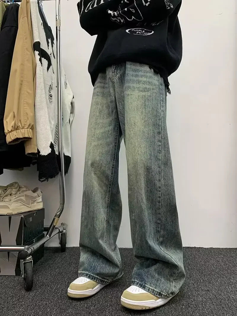 American Style Gradient Jeans For Men Loose Fit Straight Leg High Street Trendy Autumn Ins Fashion Long Pants Wide 241024