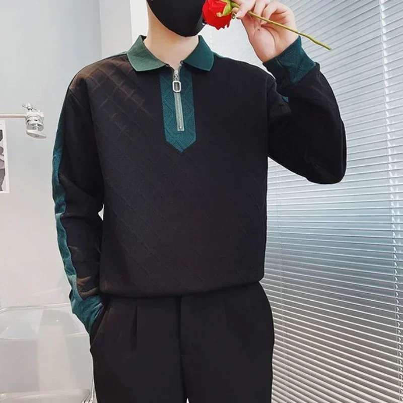 T Polo Shirts for Men Plaid Spliced Tops Half Zip Male Clothes Sweatshirts Green Rock High Quality It Original Korean 241024