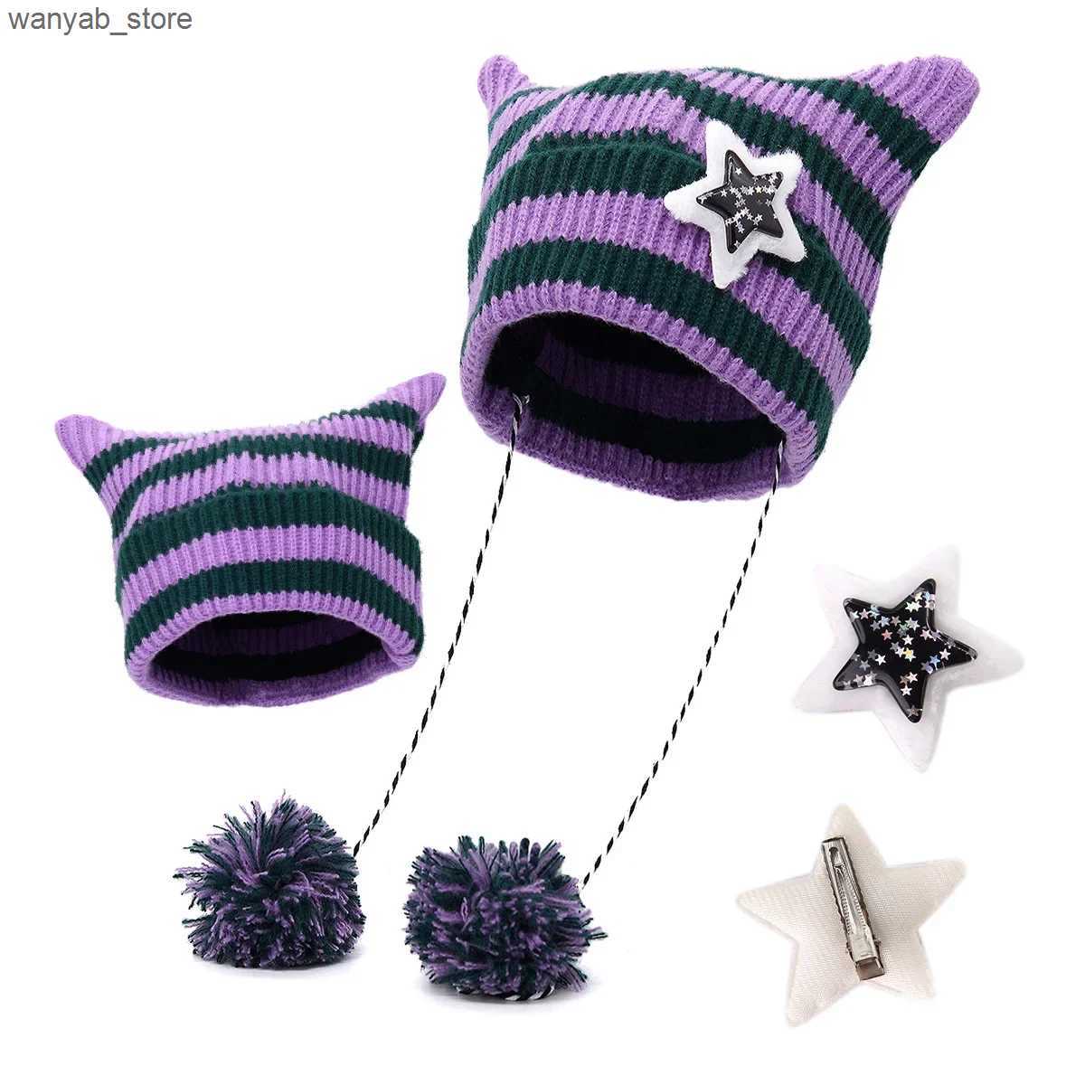 Wide Brim Hats Bucket Hats Japanese Y2K Cute Black White Striped Cat Ears Wool Hat Women Autumn Winter Warm Little Devil Hanging Ball Knitted Beanie H