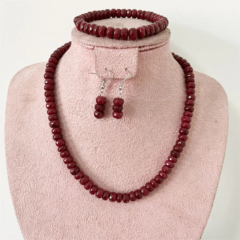 Faceted 5 * 8MM Deep Red Ruby Natural Stone Jewelry Set Bead Necklace Earrings Bracelet Chain Necklace Simple n Party Bohemian 241031