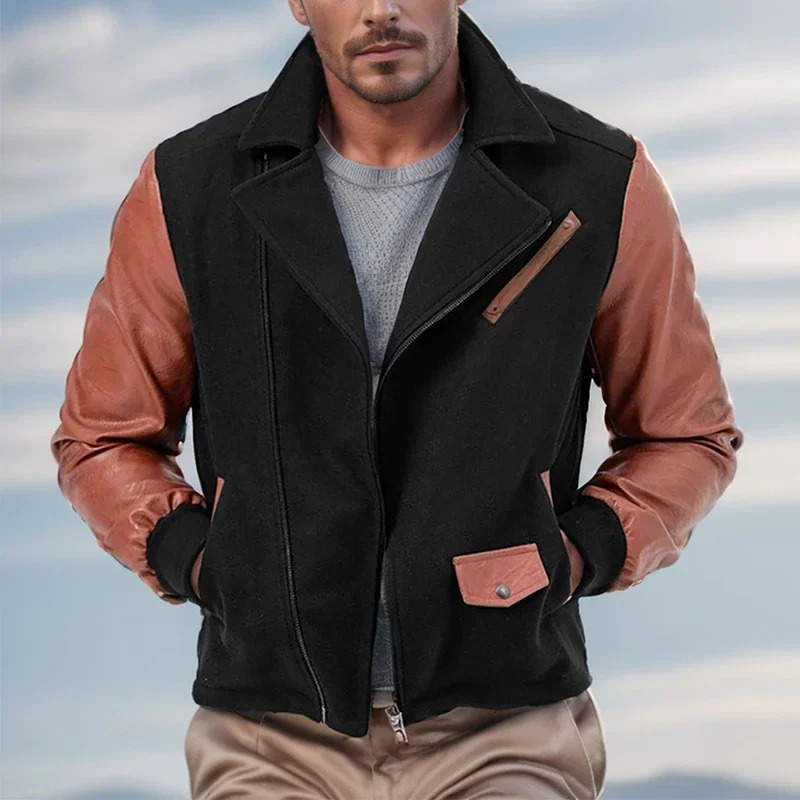 Autumn Winter Mens Casual Sports Loose Stand Collar PU Leather Color block Jacket Streetwear Fashion Zipup Lapel Jackets 241031