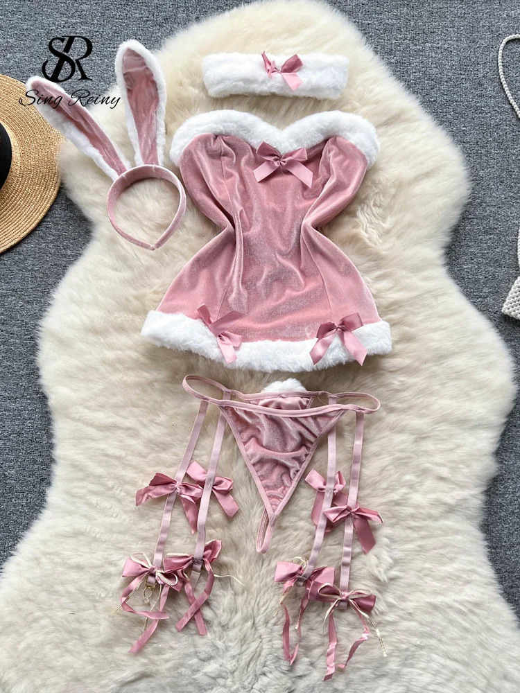 SINGREINY Cosplay Rabbit Maid Sexy Nightwear Halter Splice Fur Bow Lingerie Combination Christmas Erotic Porno Underwear Sets 241031