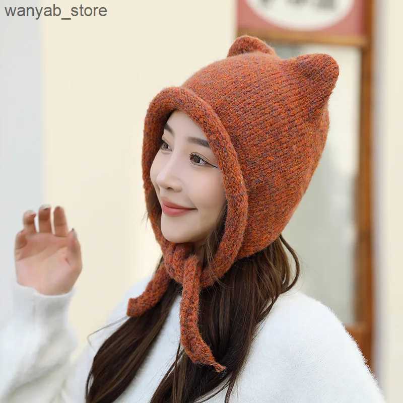 Wide Brim Hats Bucket Hats Women winter Beanies Cute Warm Hat Solid Knitting Cap Ear-protected Skullies Female Sweat Hat With Cat-ears L240910