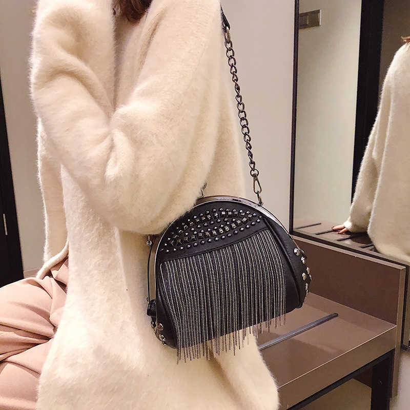 CMM New Trendy Womens Bag Diamond Studded Rivets and Tassels Fashion and Versatile Chain Single Shoulder Crossbody Hand Held Clip Shell Bag