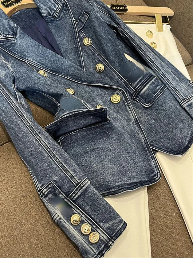 Chic Women Double Breasted Slim Waist Demin Blazers Coat Spring Cowboy Cardigan OL Turn-down Collar Jeans Jacket Outwear Tops 240321