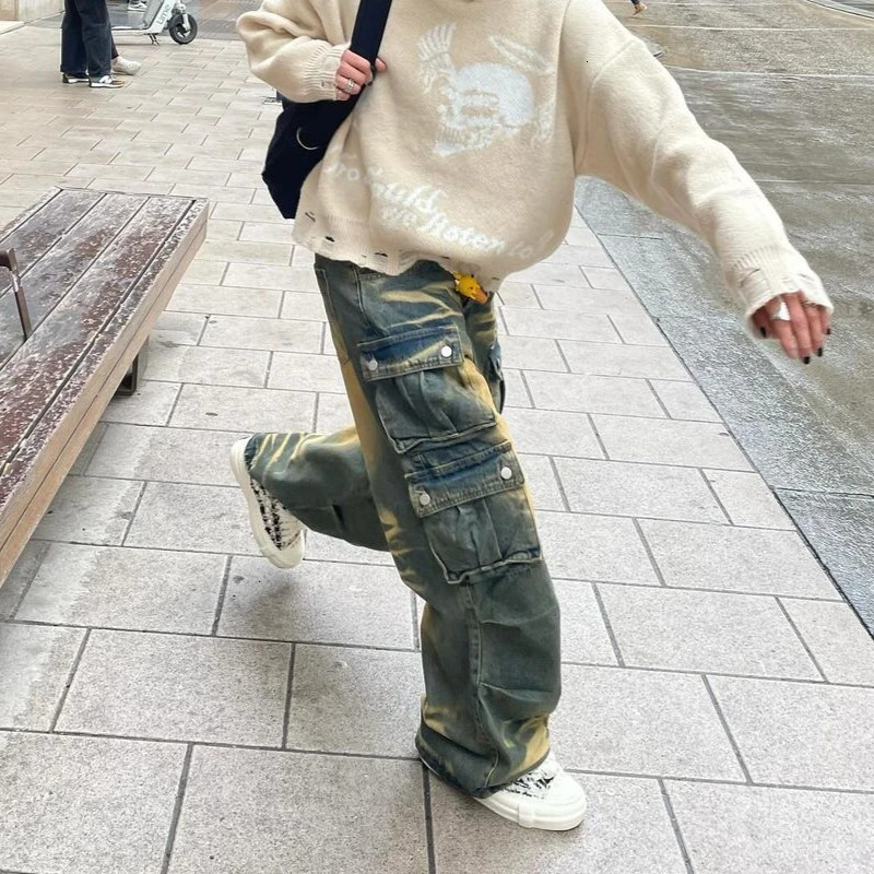 Y2k Hip Hop Retro Streetwear Mens Jeans Distressed Faded Washed Oversized Pockets Loose Cargo Pants High Street Wide Leg Pants 241031