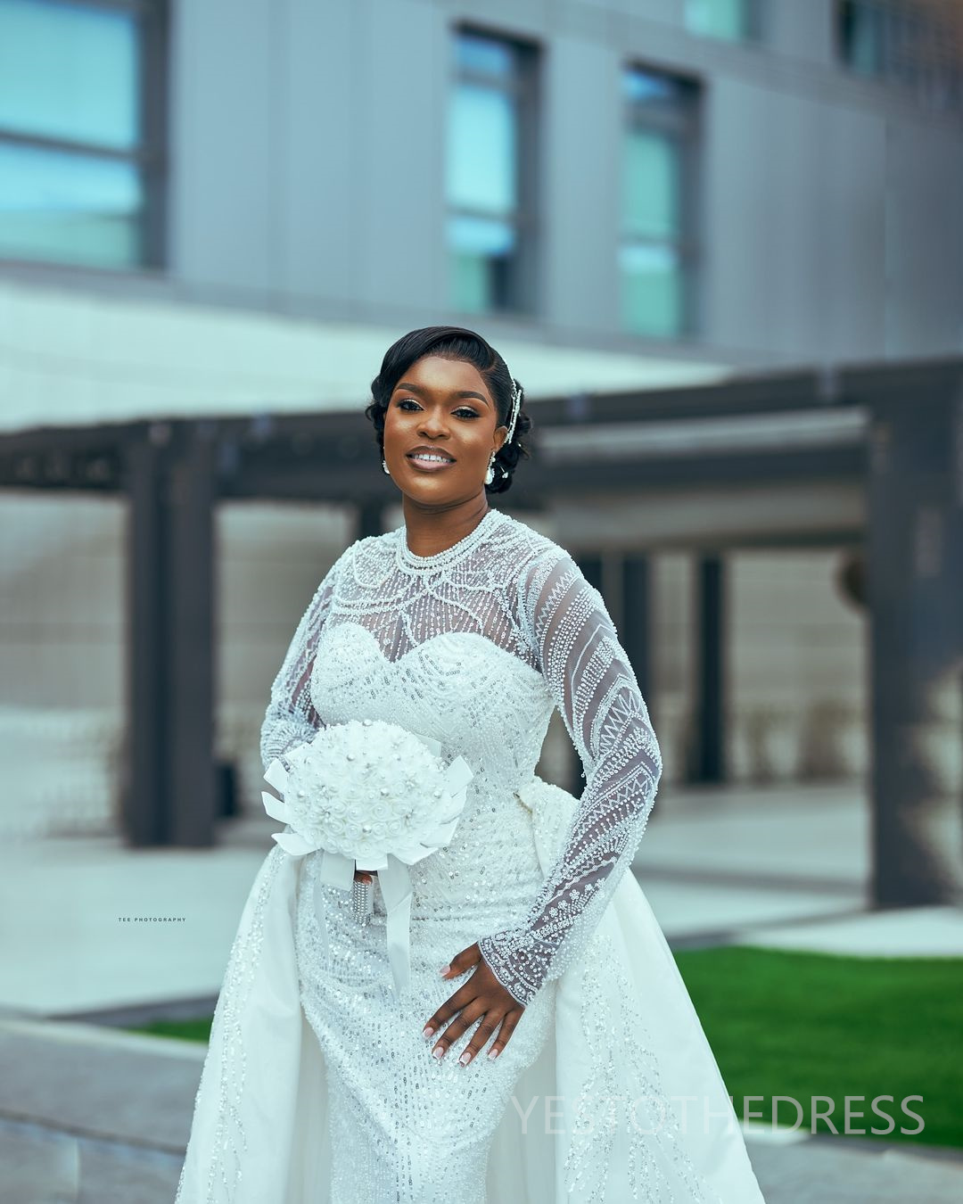 2024 Plus Size African Mermaid Wedding Dress Detachable Train Bridal Gowns For Bride Illusion High Neck Long Sleeves Beaded Lace Wedding Gowns For Bla