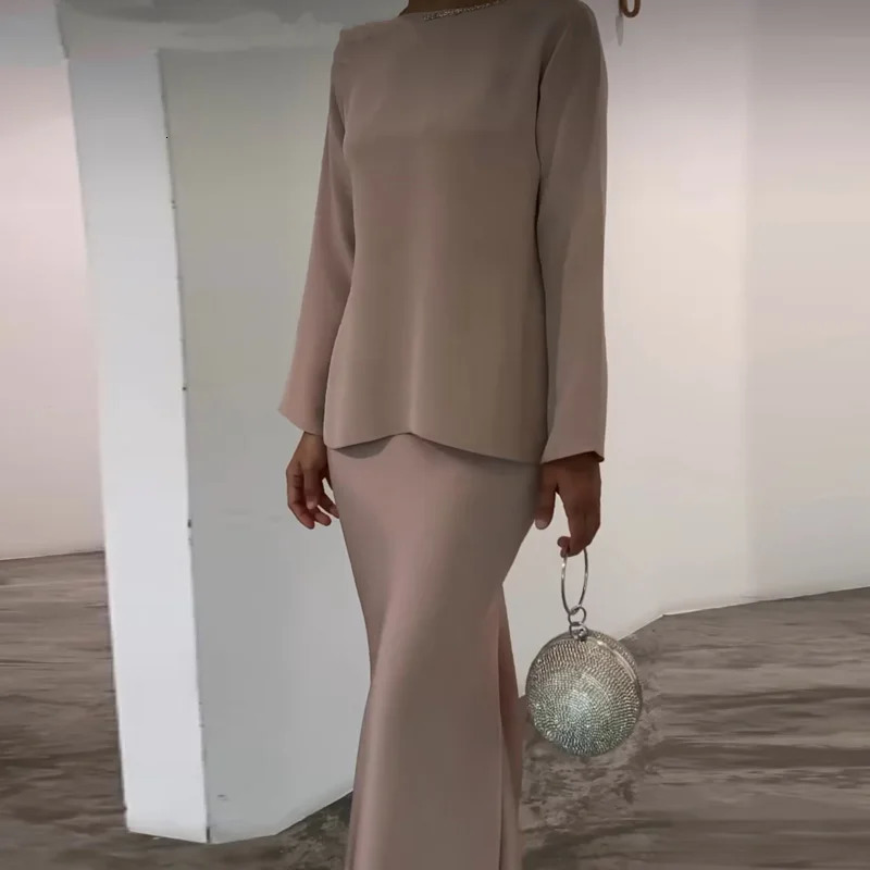 High Fashion Commuting Satin Set Elegant Batwing Sleeve Tops Blouse Slim Long Skirt Outfits Women Casual Loose Two Piece Suits 241031