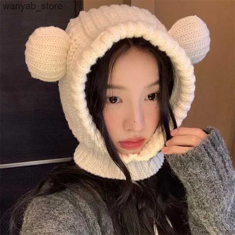 Wide Brim Hats Bucket Hats Cartoon Bear Women Hooded Beanies Winter Warm Ear Protection Scarf Cap Korean Solid Wool Knitted Hat Outdoor Windproof Head