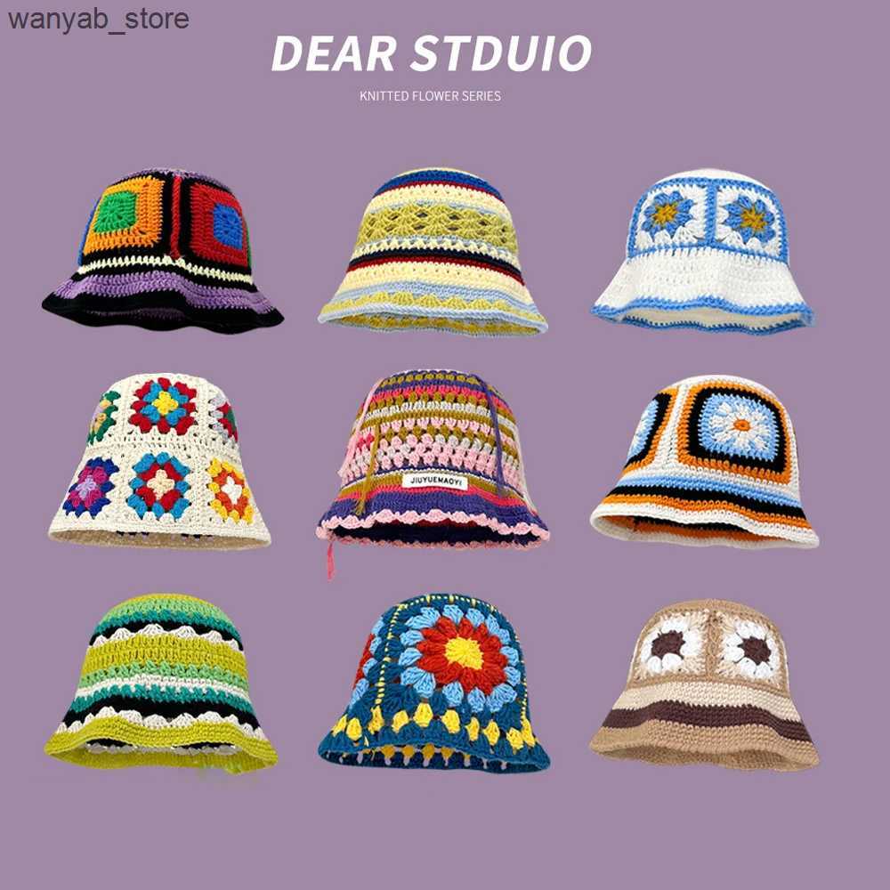 Wide Brim Hats Bucket Hats Japanese Hollow Flower Crochet Bucket Hat Bikini Knit Fisherman Hat for Women Autumn Winter Sweet Wool Beanies L240910