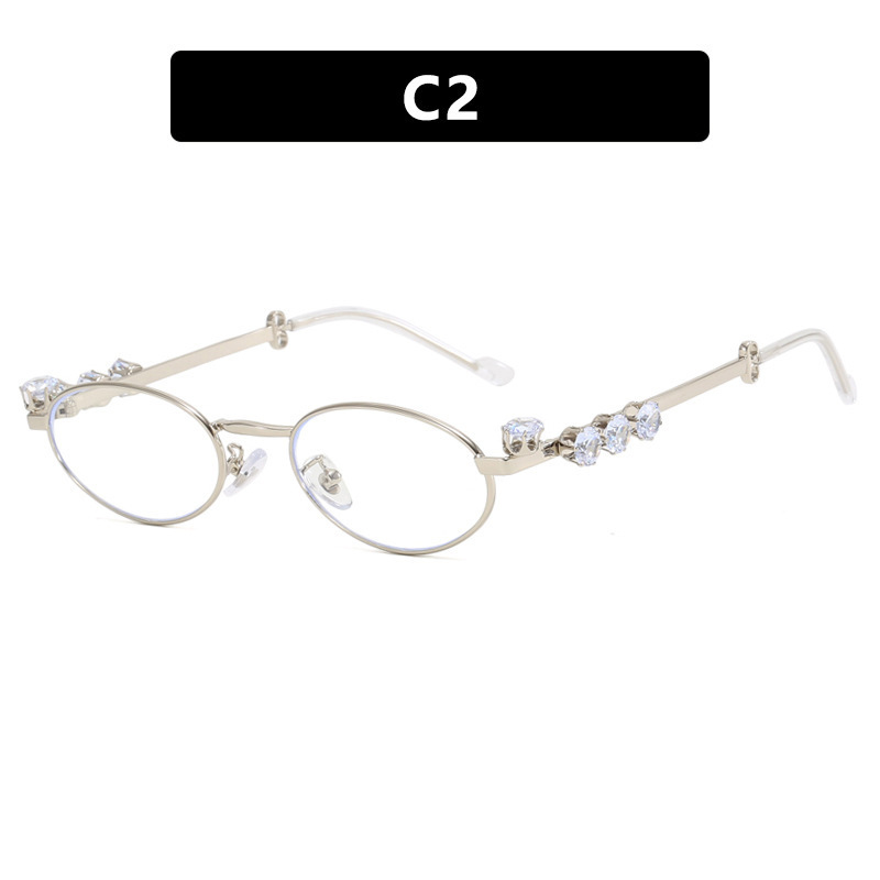 8803 Diamond encrusted oval metal eyeglass frame with pearl small frame, natural looking flat mirror frame