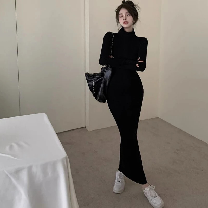 Sexy Black Turtleneck Knitted Bodycon Dres Autumn Winter Long Sleeve Sweater Dress Woman Korean Bottoming Dresses 241031