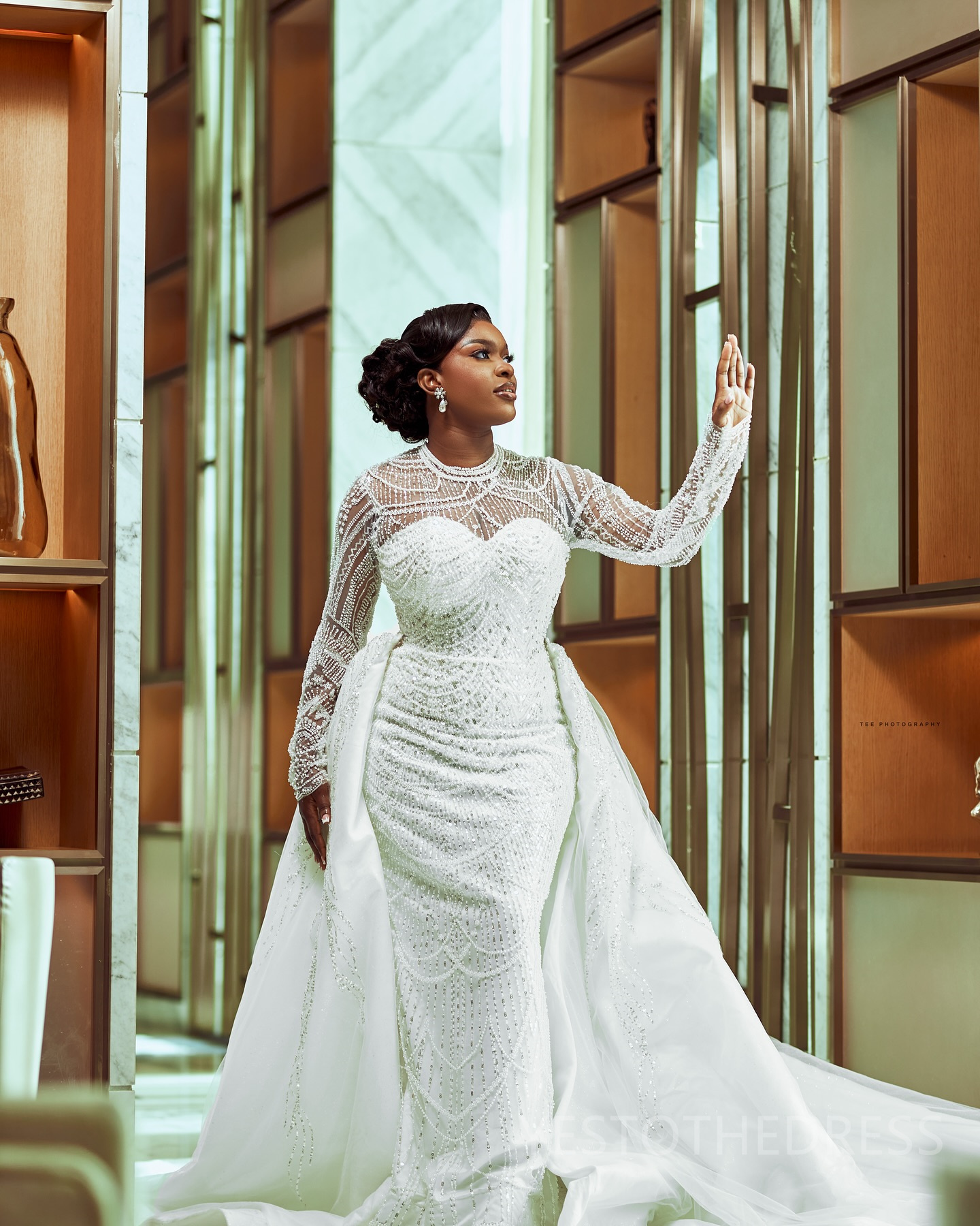 2024 Plus Size African Mermaid Wedding Dress Detachable Train Bridal Gowns For Bride Illusion High Neck Long Sleeves Beaded Lace Wedding Gowns For Bla