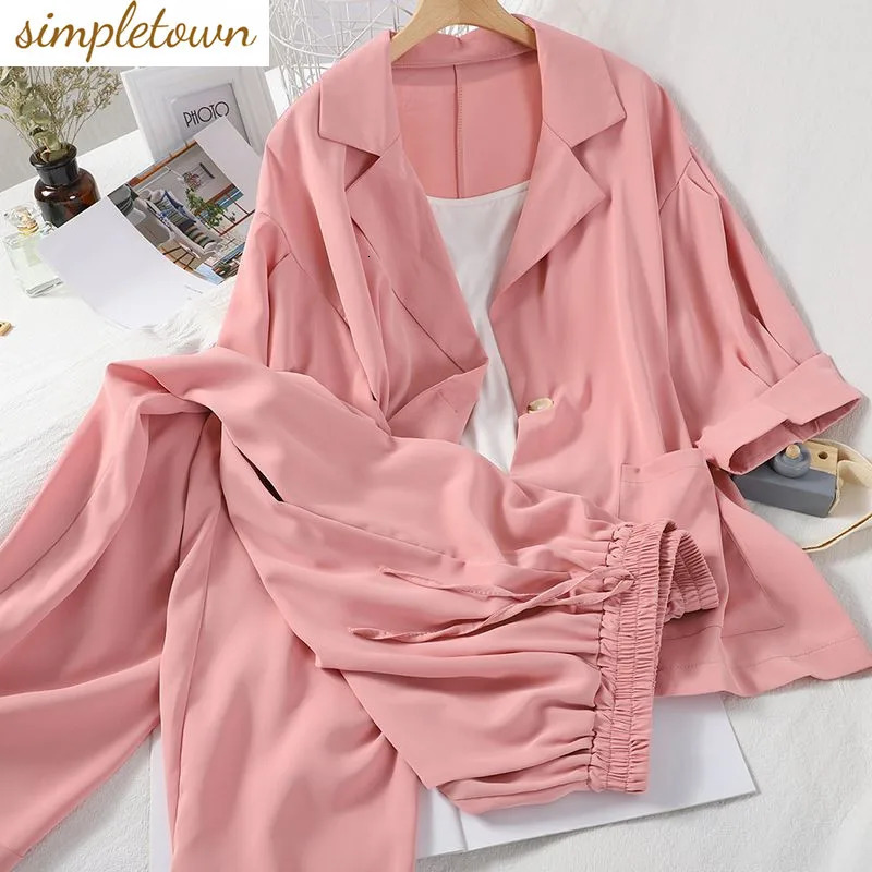 Sexy White Strap Casual Jacket Blazer Lace Up Wide Leg Pants Three Piece Elegant Womens Set Summer Outfits 240329