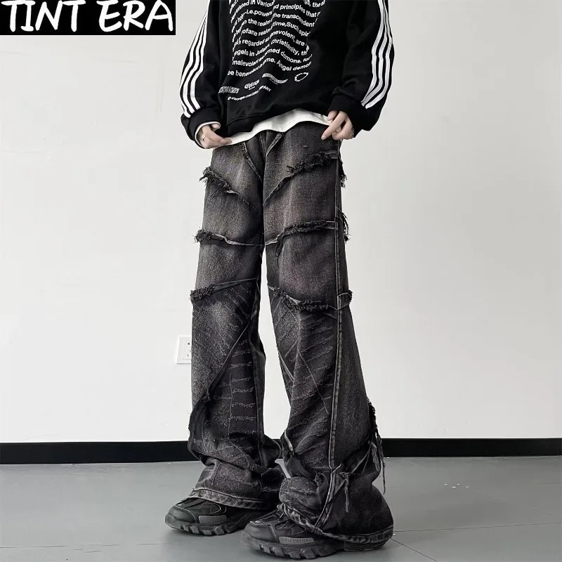 Y2K Punk Black American Street Rock Retro High Waist Oversized Jeans Men Raw Edge Washed Darkwear Wide Leg Trousers Men 240319